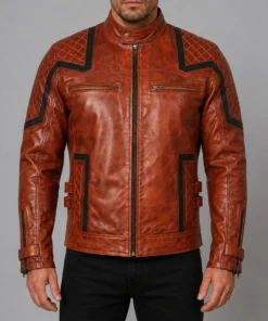 101 Tan Vintage Motor Biker Real Leather Jacket - Front