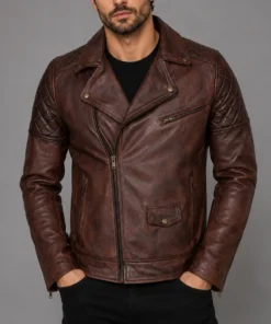 Men's Brando Biker Motorcycle Vintage Distressed Winter Leather Jacket - Front
