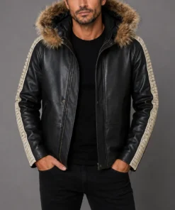 Star Wars ROGUE ONE Original Fur Detachable Hood Vintage Celebrity Leather Jacket - Hooded Front