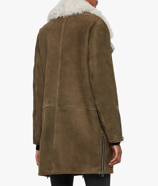 Women's Brown Shearling Longline Aviator Coat