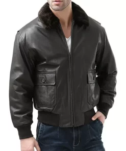Men's Navy Leather Bomber Jacket