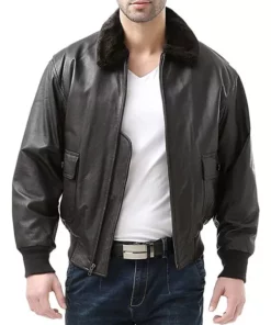 Men's Navy Leather Bomber Jacket