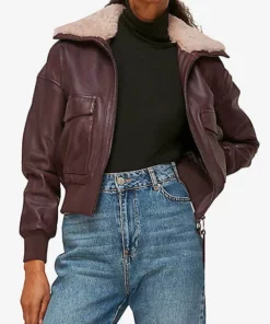 Burgundy Aviator Shearling Collar Jacket