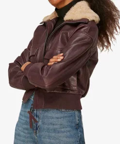 Burgundy Aviator Shearling Collar Jacket