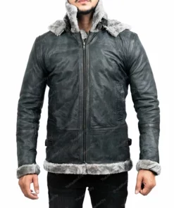 Men's Grey Shearling Jacket With Hood