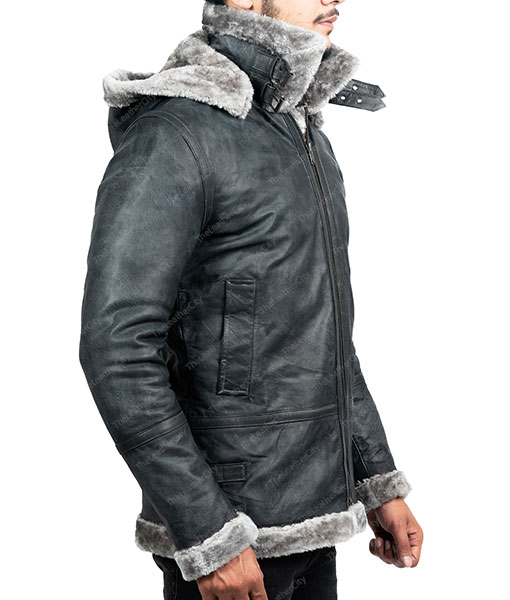 Men's Grey Shearling Jacket With Hood Men's Grey Shearling Jacket With Hood