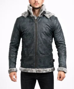 Men's Grey Shearling Jacket With Hood - Front