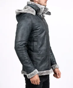 Men's Grey Shearling Jacket With Hood - Side