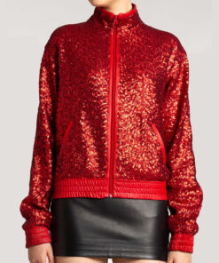 Womens Sequin Red Leather Bomber Jacket