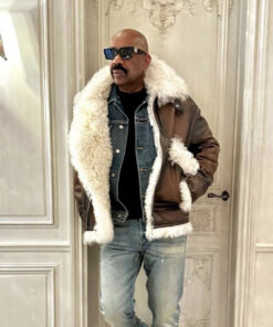 Steve Harvey Brown Faux Fur Shearling Aviator Leather Jacket