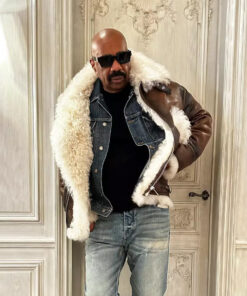 Steve Harvey Brown Shearling Aviator Leather Jacket