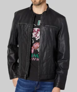 blue-bloods-donnie-wahlberg-black-leather-biker-jacket - Front Open View