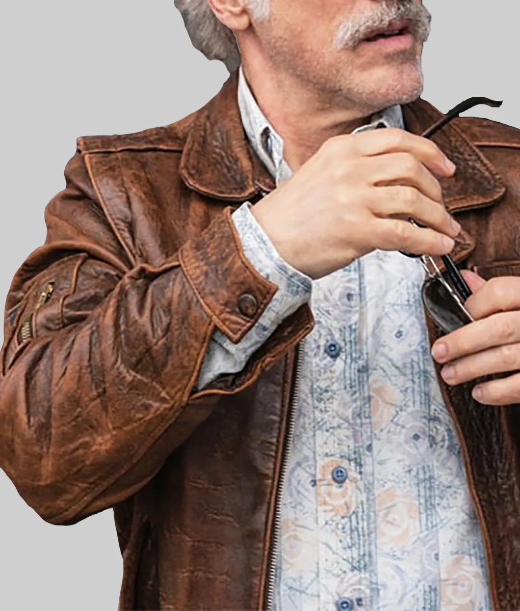 Old Guy Christoph Waltz Distressed Brown Leather Jacket - TLC UK