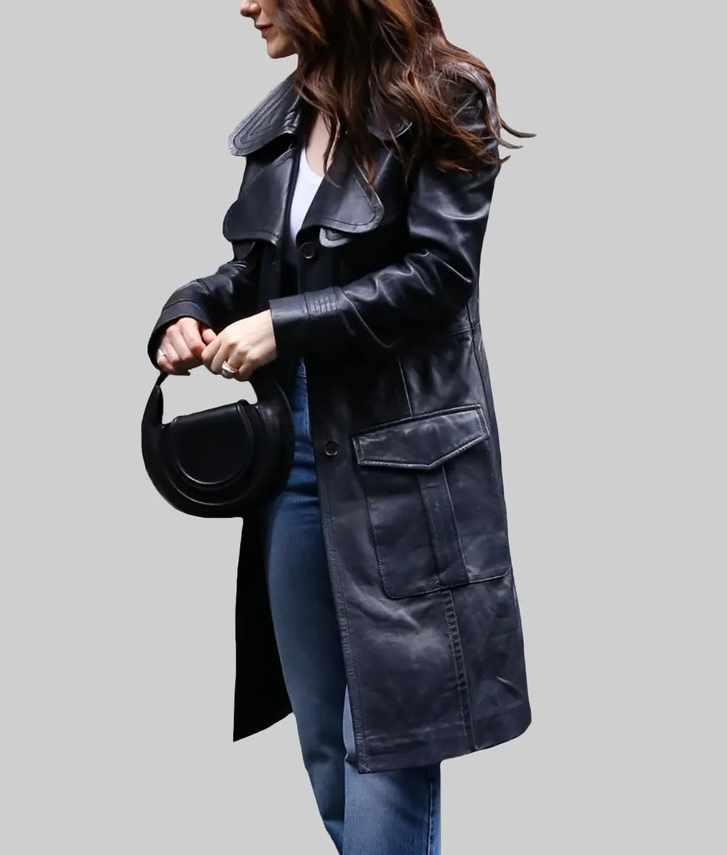 SiriusXM Studios Rachel Brosnahan Black Leather Coat | TLC UK