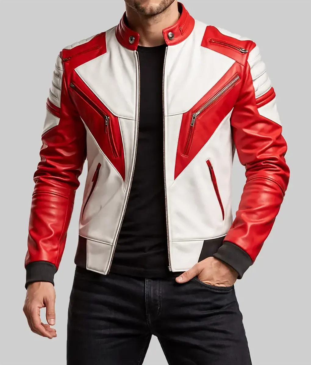 Men’s Street Racer Red and White Biker Leather Jacket | TLC