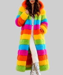 Womens Rainbow Faux Fur Coat